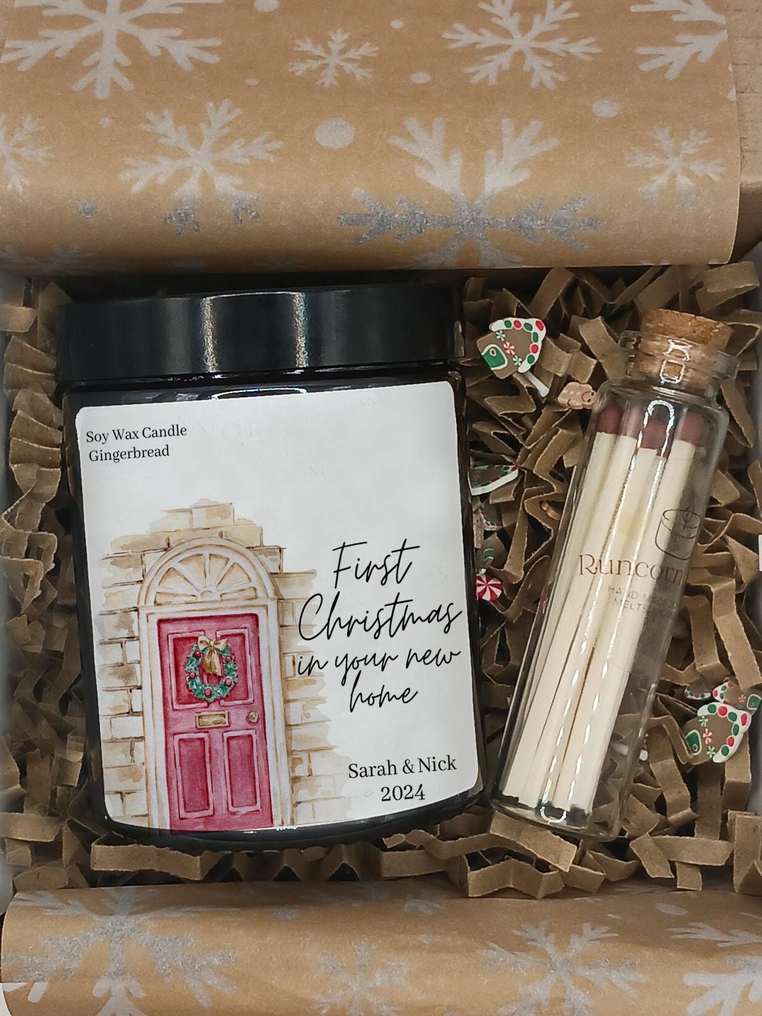 Gift set with candle, matches, and charms in a decorative box. first christmas in new home