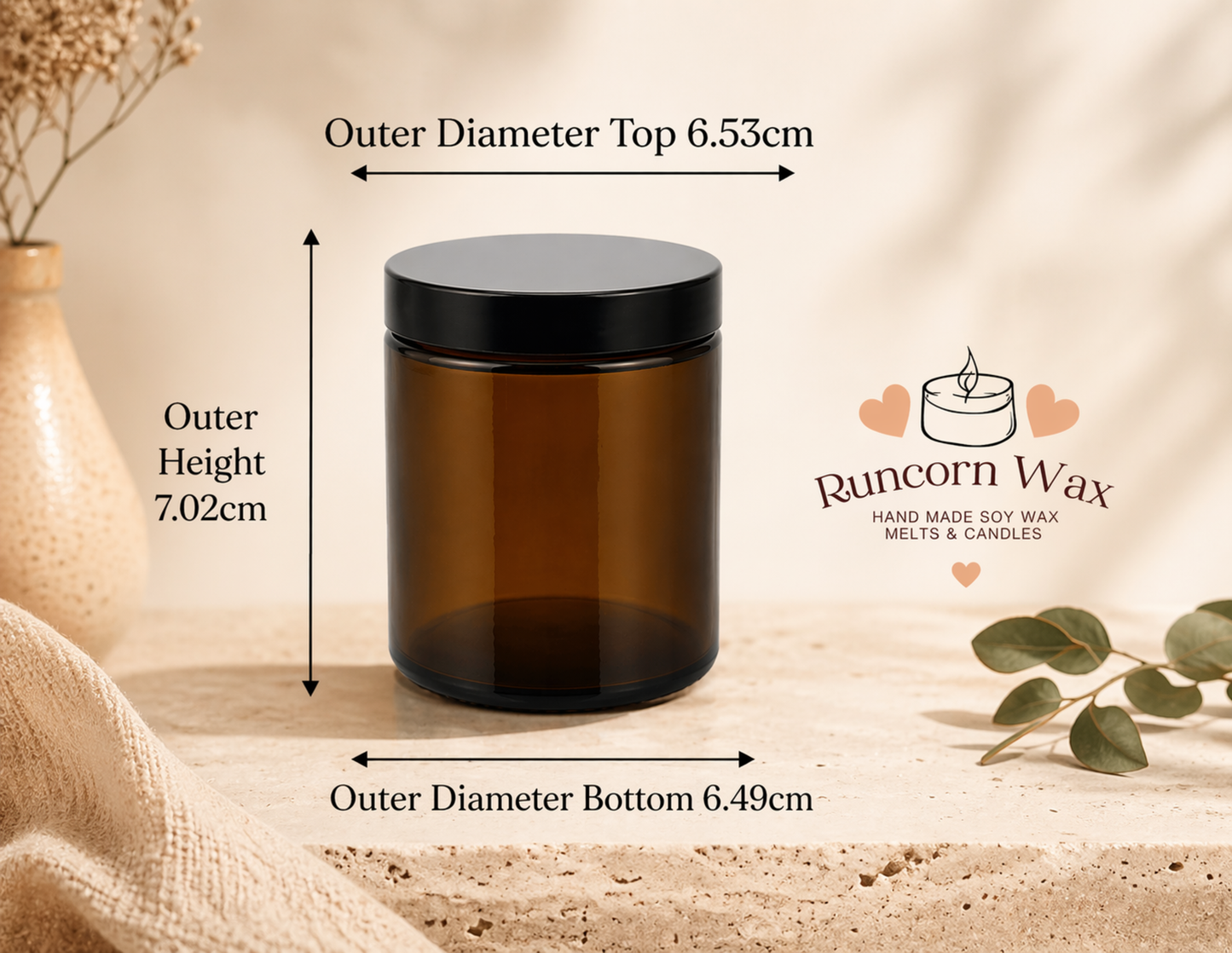 Brown glass jar with black lid on a neutral background, featuring measurements and Runcorn Wax branding.