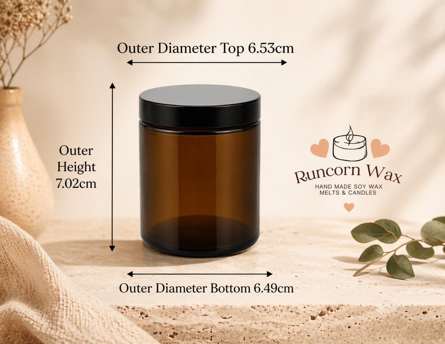 Amber glass jar with black lid placed on a textured surface, with labelled dimensions for height and diameter, styled with soft neutral decor and Runcorn Wax branding