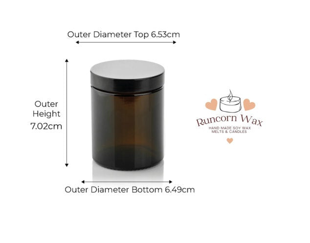 Amber candle jar with black lid and measurements on a white background, featuring the Runcorn Wax logo.