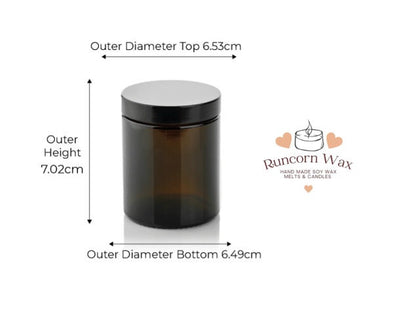 Amber candle jar with black lid and measurements on a white background, featuring the Runcorn Wax logo.