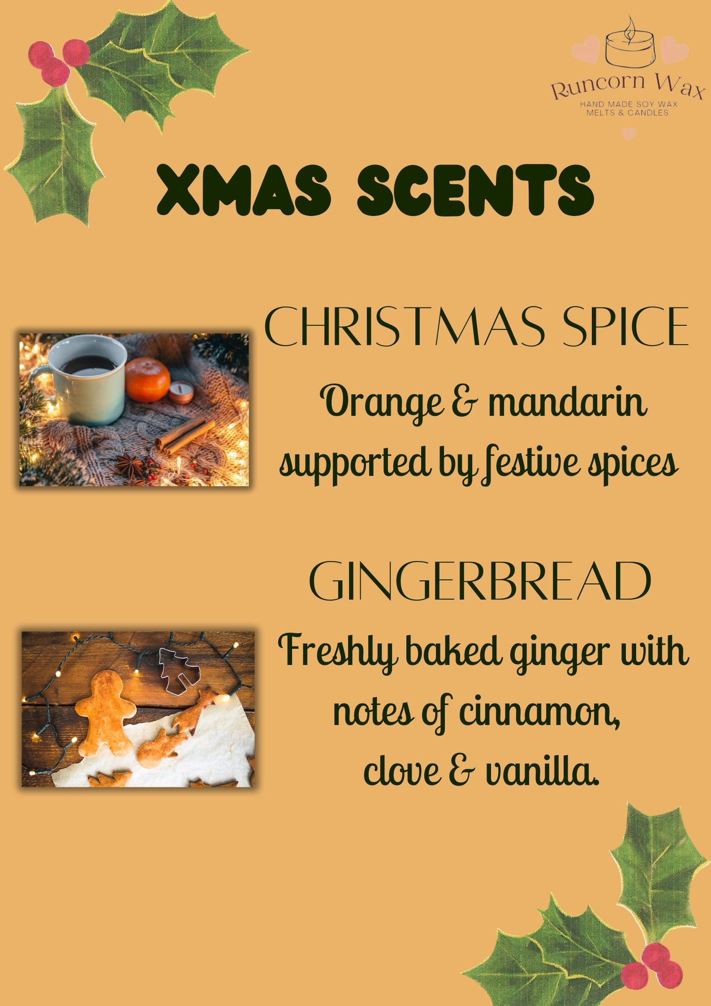 A promotional graphic for 'Xmas Scents' by Unicorn Way, featuring two scent profiles: 'Christmas Spice' with an image of a mug, cinnamon, and orange, and 'Gingerbread' with an image of gingerbread cookies, all on a warm beige background decorated with holly leaves.