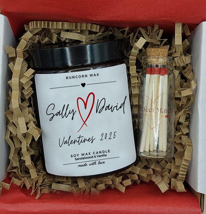 Personalized candle and matches set in a gift box with 'Sally & David' branding. Valentines love candle personalised 