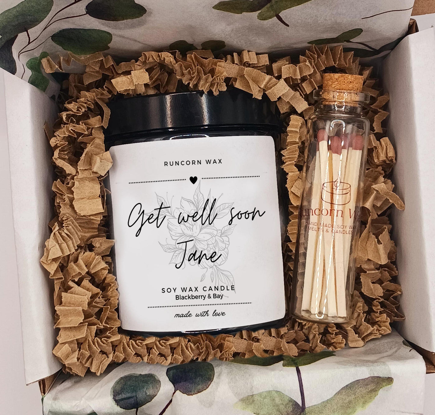 Candle and matches set with 'Runcorn Wax' branding in a decorative box. get well soon 