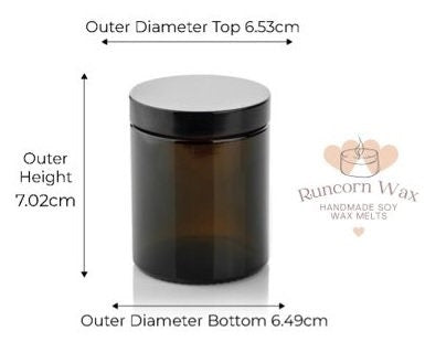 Amber jar with black lid and measurements on a white background, featuring Runcorn Wax branding.