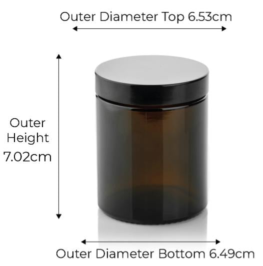 Amber glass jar with black lid and measurements on a white background