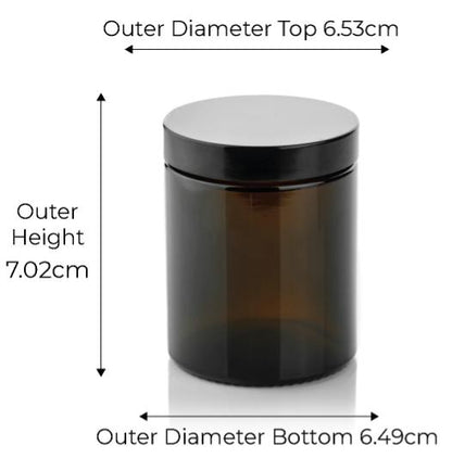 Amber glass jar with black lid and measurements on a white background