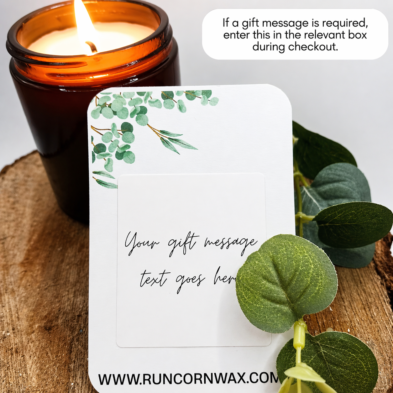 Candle gift message option display showing card, amber jar candle, and greenery, styled professionally with white border and rounded edges.