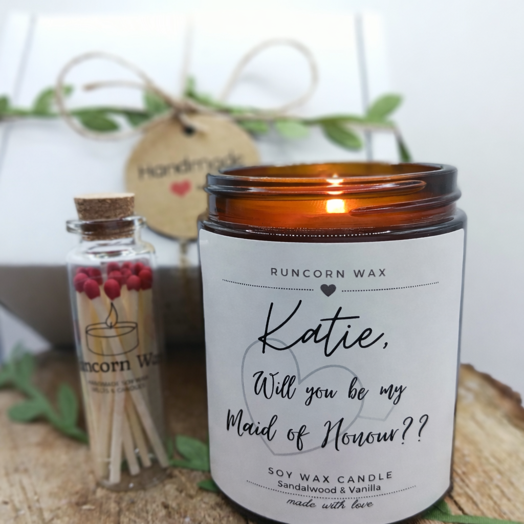 Candle with 'Katie, Will you be my Maid of Honour?' message and Runcorn Wax branding.