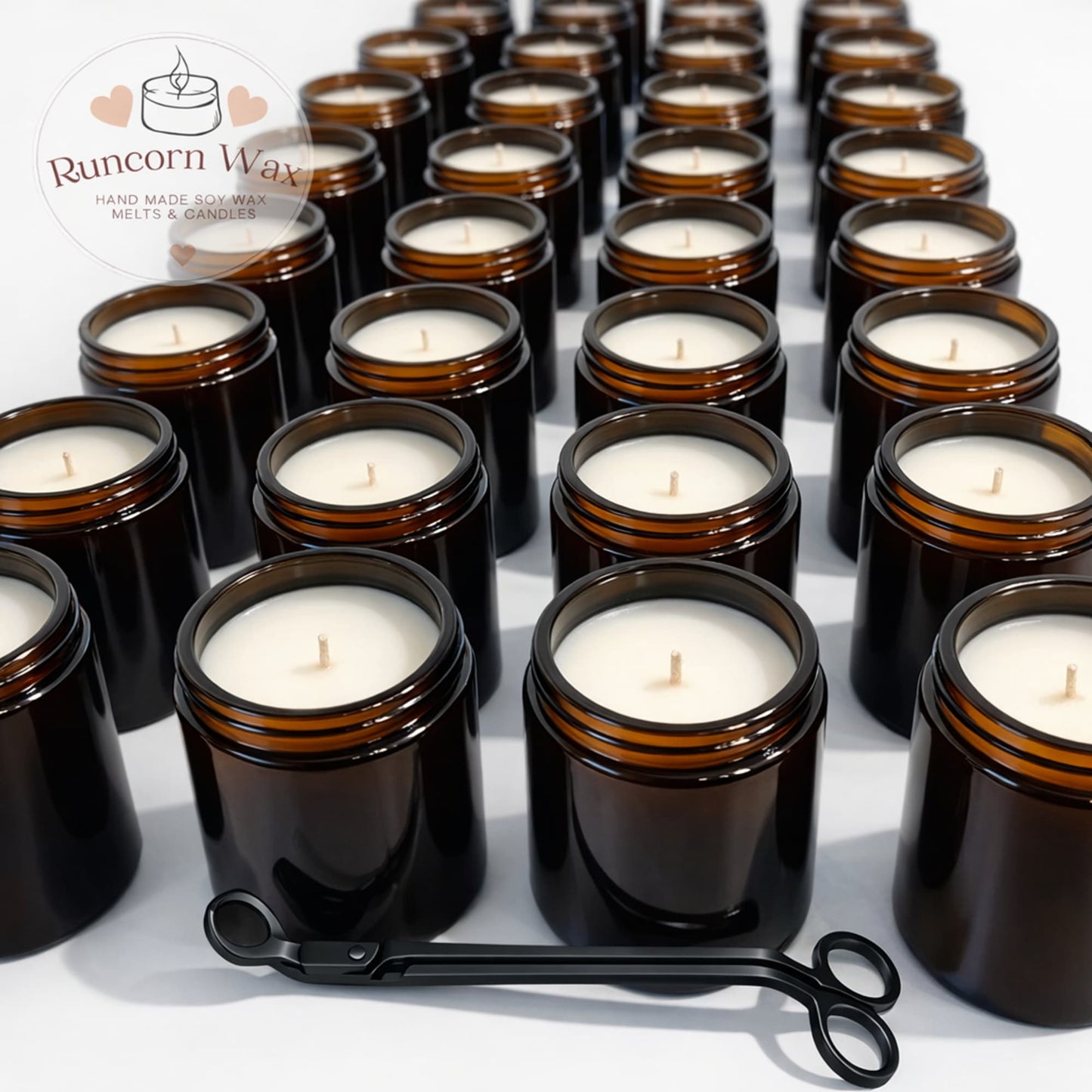 runcorn wax handmade premium soy wax candles bulk order in amber jars with wick trimmer